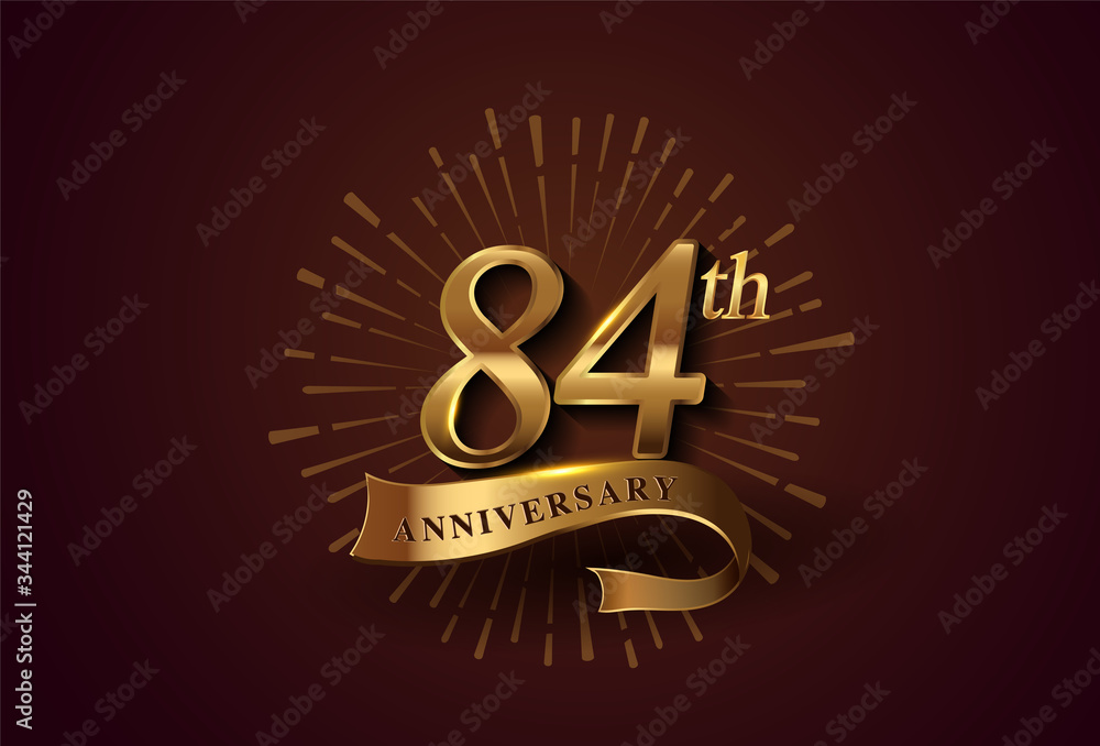 Fototapeta premium 84th anniversary logotype with fireworks and golden ribbon, isolated on elegant background. vector anniversary for celebration, invitation card, and greeting card
