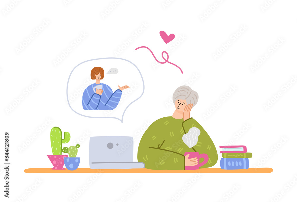 Elderly people and online communication - young adult girl calls grandparents, online chatting and video call concept, social distance isolation and connection with devices vector illustration Elderly people and online communication - young adult girl calls grandparents, online chatting and video call concept, social distance isolation and connection with devices vector illustration