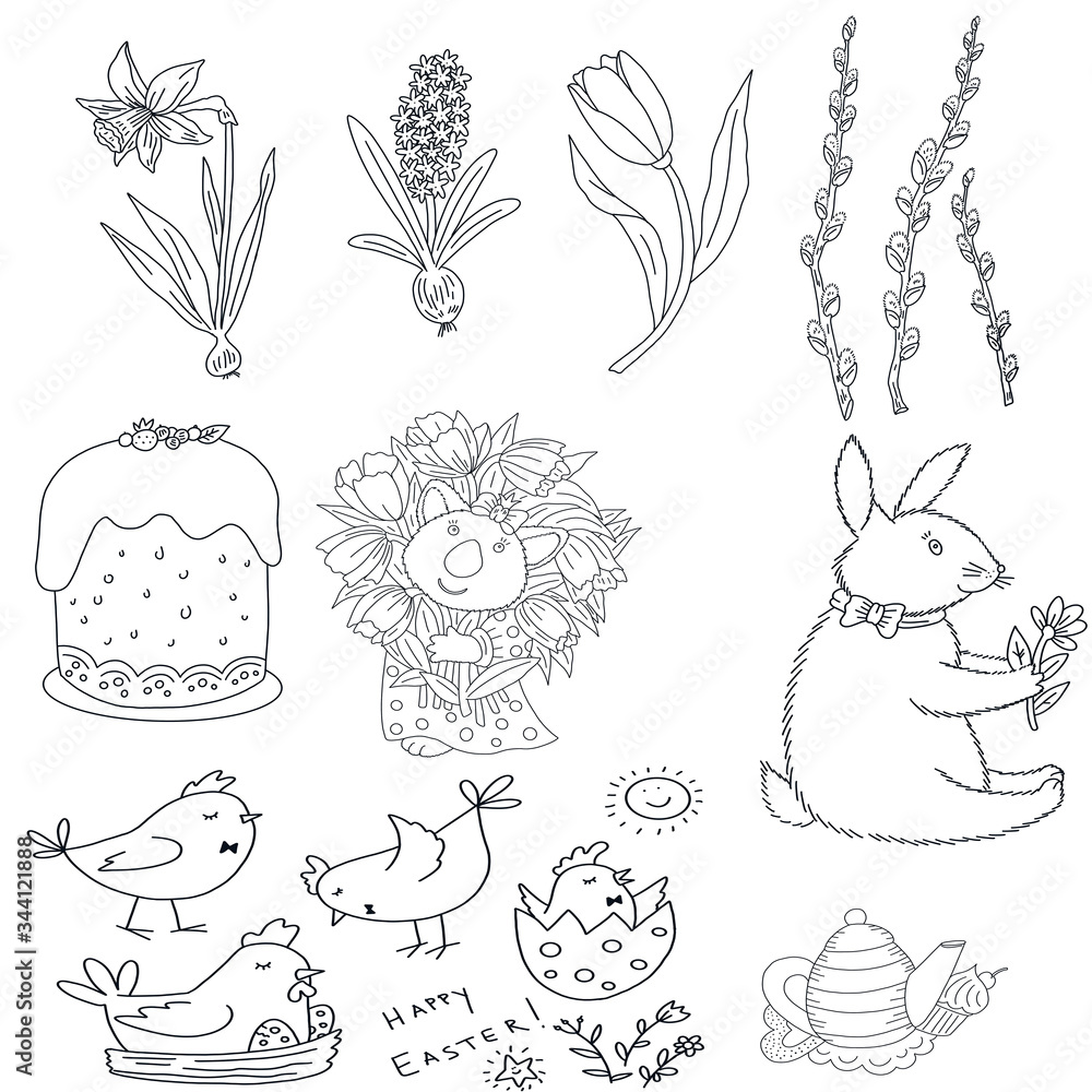Set of easter illustrations. Black and white drawings isolated. Cute illustration for the decor and design of posters, postcards, prints, stickers, invitations, textiles and stationery. Set of easter illustrations. Black and white drawings isolated. Cute illustration for the decor and design of posters, postcards, prints, stickers, invitations, textiles and stationery.