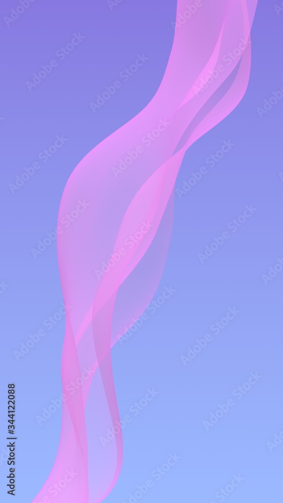 Pink wave on blue sky abstract background. Fluttering pink scarf. Waving on wind pink fabric. Vertical orientation. 3D illustration