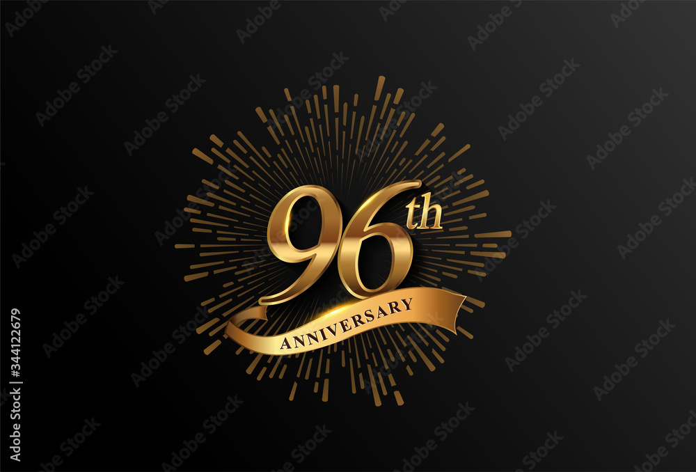 Fototapeta premium 96th anniversary logotype with fireworks and golden ribbon, isolated on elegant background. vector anniversary for celebration, invitation card, and greeting card