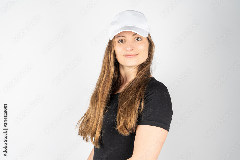 women with plain black t-shirt and hat or cap on white background women with plain black t-shirt and hat or cap on white background