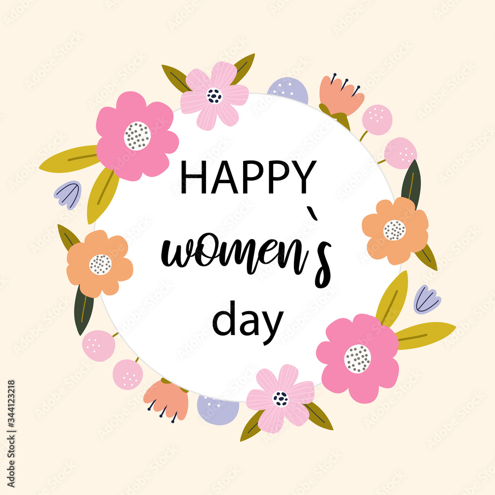 Happy Woman’s  Day greeting design with flowers, peonies, petals, leaves. Vector illustration. Ideal for postcard, card, poster, flyer etc.