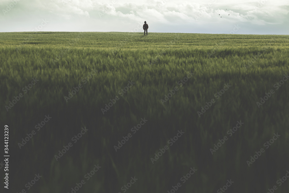 Fototapeta premium man walking alone on a wide grass field outdoor