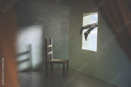 Photos man flying out of a window; surreal concept