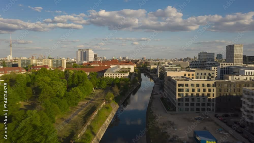 AERIAL: Beautiful Drone Hyper Lapse, Motion Time Lapse over Berlin River in European City with Cloudy Blue Sky AERIAL: Beautiful Drone Hyper Lapse, Motion Time Lapse over Berlin River in European City with Cloudy Blue Sky