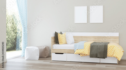 Crib with yellow bedding. 3D rendering.