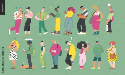 Waiting in line - modern flat vector concept illustration of a young men a women standing in line with smartphones, talking to each other. Multicultural, multilingual people, diversity concept