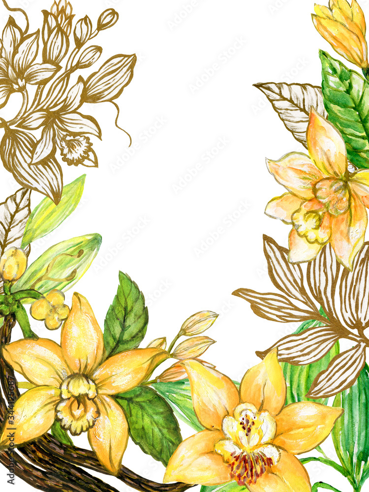 Set of Vanilla Cacao beans Flower and foliage leaves graphic style hand drawn golden watercolor sketch Set of Vanilla Cacao beans Flower and foliage leaves graphic style hand drawn golden watercolor sketch