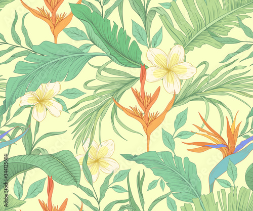 Seamless pattern with tropical flowers and palm leaves