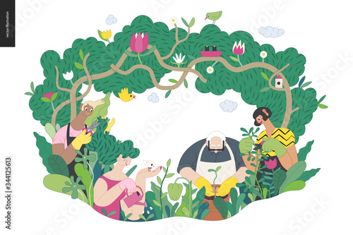 Gardening people, spring - modern flat vector concept illustration of people in the garden wearing aprons and gloves, gardening, watering, planting, cutting branches. Spring gardening concept