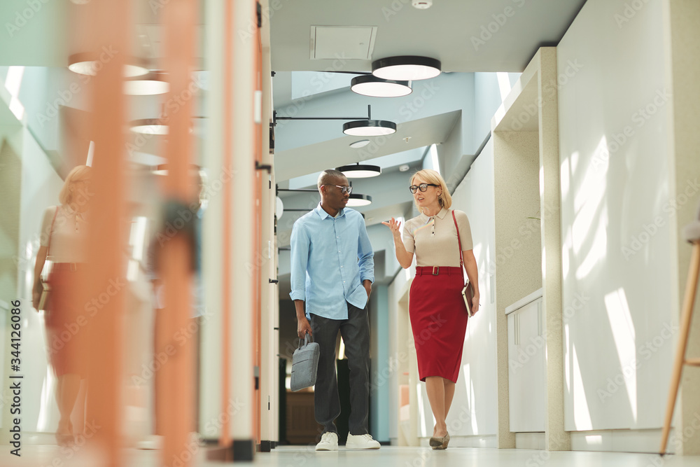 African businessman and young businesswoman walking along the office corridor and talking to each other African businessman and young businesswoman walking along the office corridor and talking to each other