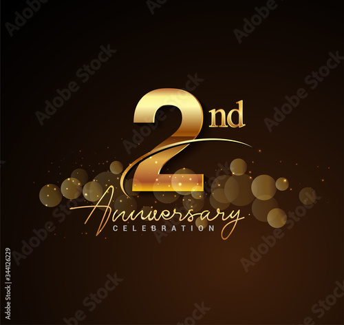 2nd golden anniversary logo with swoosh and sparkle golden colored isolated on elegant background, vector design for greeting card and invitation card