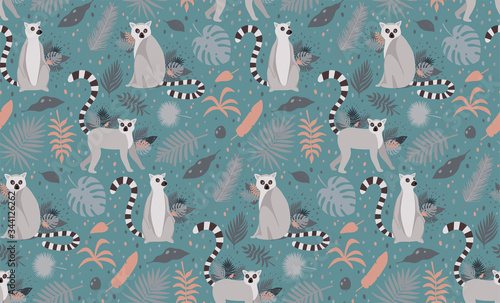 Lemures surrounded by tropical palm leaves. Elegant summer vector seamless pattern texture. Can be used for fabric, wrapping, wallpapers, cover, surface textures, textile.
