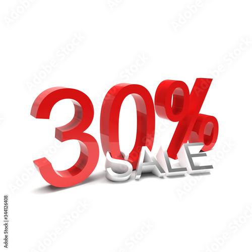 30% sale off promotion for product selling. Shopping bag with percent. Shock price isolated on white background. Summer sale. End of season. 3D rendering.