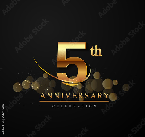 5th golden anniversary logo with swoosh and sparkle golden colored isolated on elegant background, vector design for greeting card and invitation card
