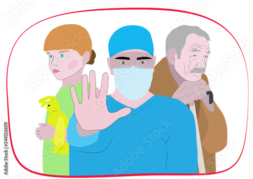 Man, doctor in protective suit and medical mask makes stop gesture with hand, protecting against coronavirus covid-19.