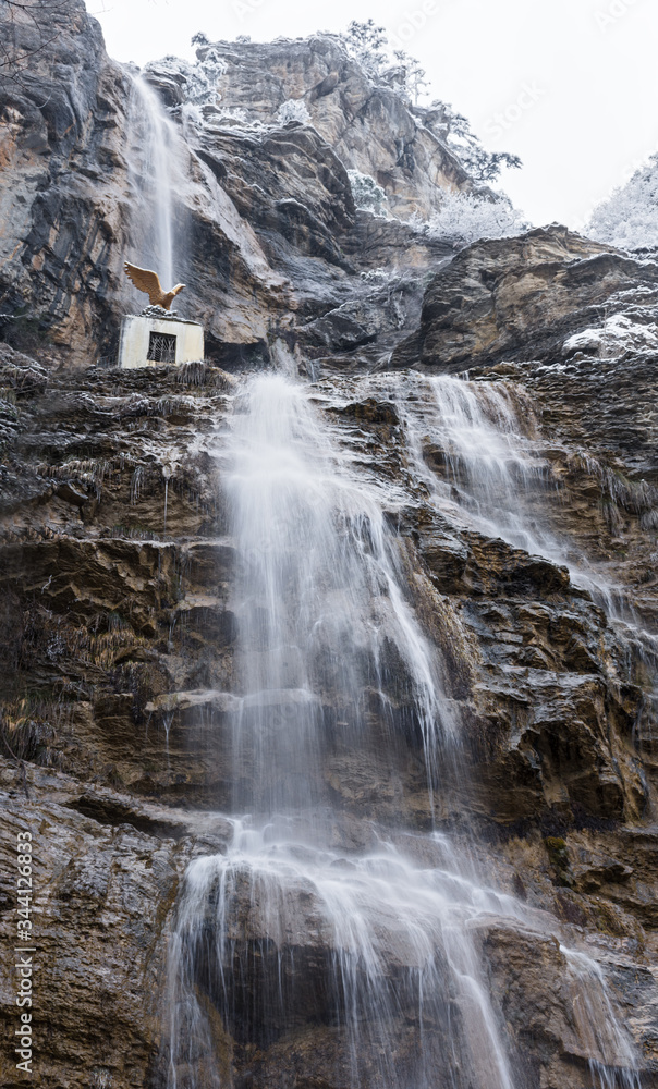 Uchan-su waterfall in Crimea in winter. Uchan-su falls on the mountain Ah-Petri in the Crimea