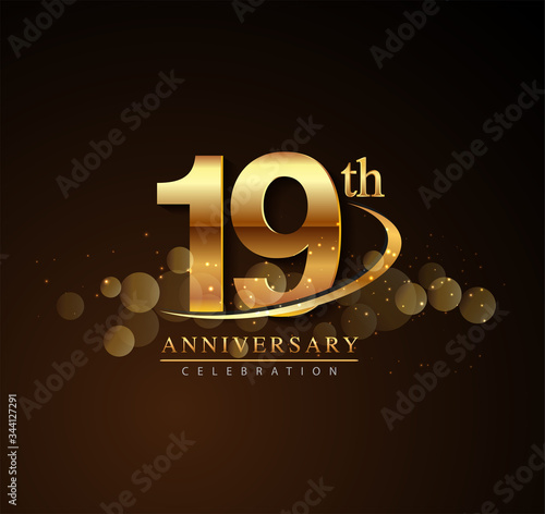 19th golden anniversary logo with swoosh and sparkle golden colored isolated on elegant background, vector design for greeting card and invitation card.