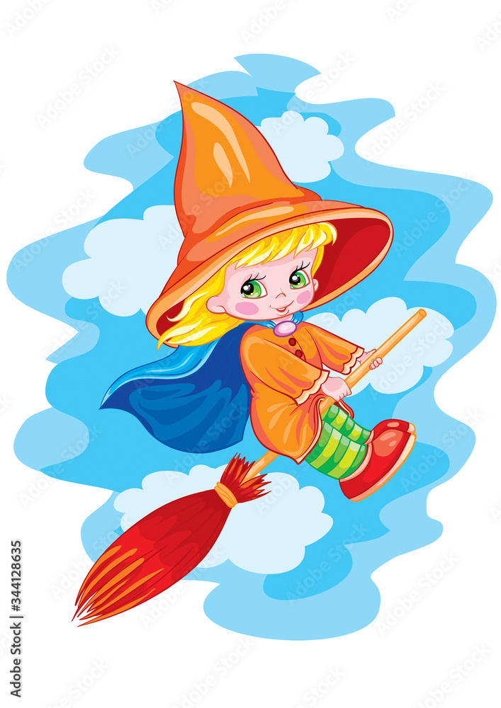 girl in a big hat flies on a broomstick, witch, isolated object on a white background, vector illustration,
