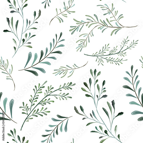 Seamless pattern. Hand painted watercolor foliage  light green leaves  herbs  plants. Elegant and beautiful  perfect for textile prints  wrapping paper printing  invites  wallpaper  packaging.