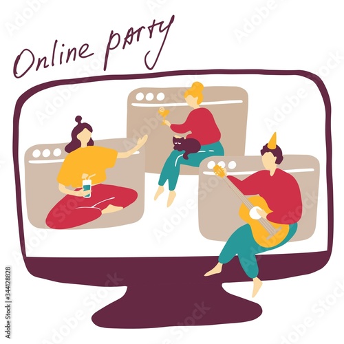 Quarantine online friends party. Girls and guy talk, drink cocktails and play guitar remotely from each other. Birthday party in internet, video conference. Vector hand drawn flat illustration