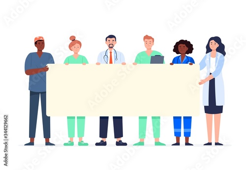 Medical team - doctor, nurse, surgeon, and medical staff. A multicultural group of medical workers holds a banner. Flat character design. Vector illustration.