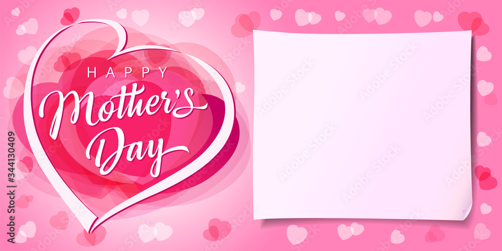 Happy Mothers day love banner with rose color heart. Mother`s Day greeting card template with calligraphy, pink hearts and paper on background. Vector illustration for Best Mom ever