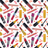 Watercolor make up seamless pattern.Hand drawn seamless cosmetics pattern with lipstick, eye shadows, powder, cosmetics texture, brushes, mascara on white background