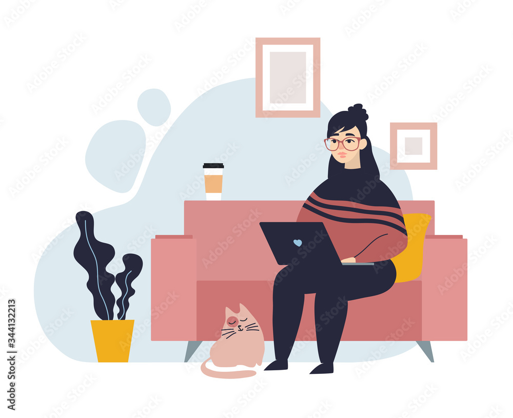 Stay home concept. Girl in glasses work on laptop at home. Coronavirus Covid-19 outbreak. Freelancer keeps social distancing. Trendy flat vector illustration. Stay home concept. Girl in glasses work on laptop at home. Coronavirus Covid-19 outbreak. Freelancer keeps social distancing. Trendy flat vector illustration.