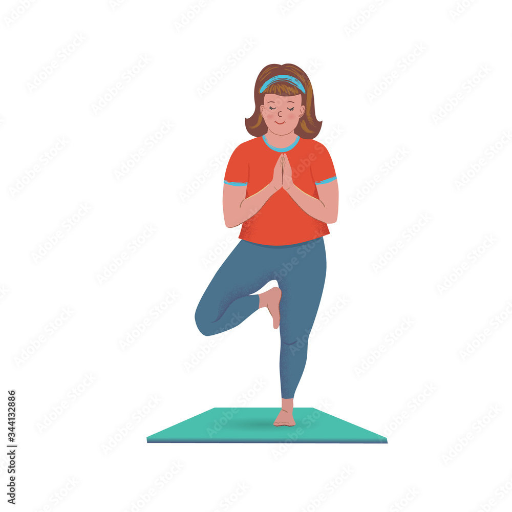 Cheerful cute girl is practicing yoga in Tree Pose. Vector isolated illustration with texture in cartoon style.