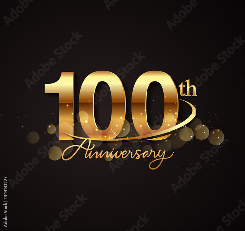 100th golden anniversary logo with swoosh and sparkle golden colored isolated on elegant background, vector design for greeting card and invitation card.