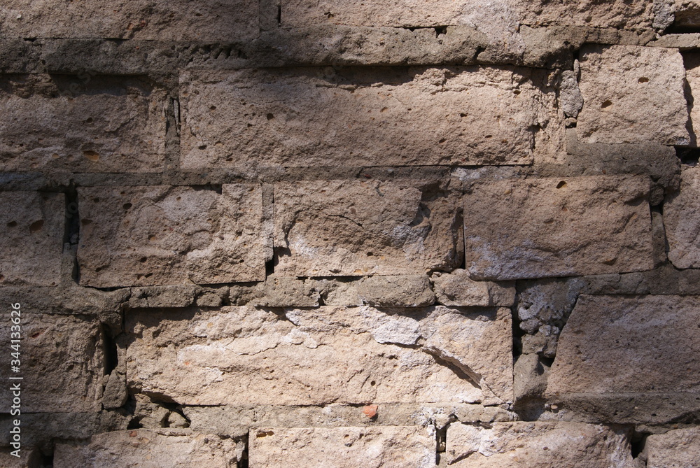 Fototapeta premium A fragment of an old brick wall with the shadow of a tree branch. Grey brick masonry.