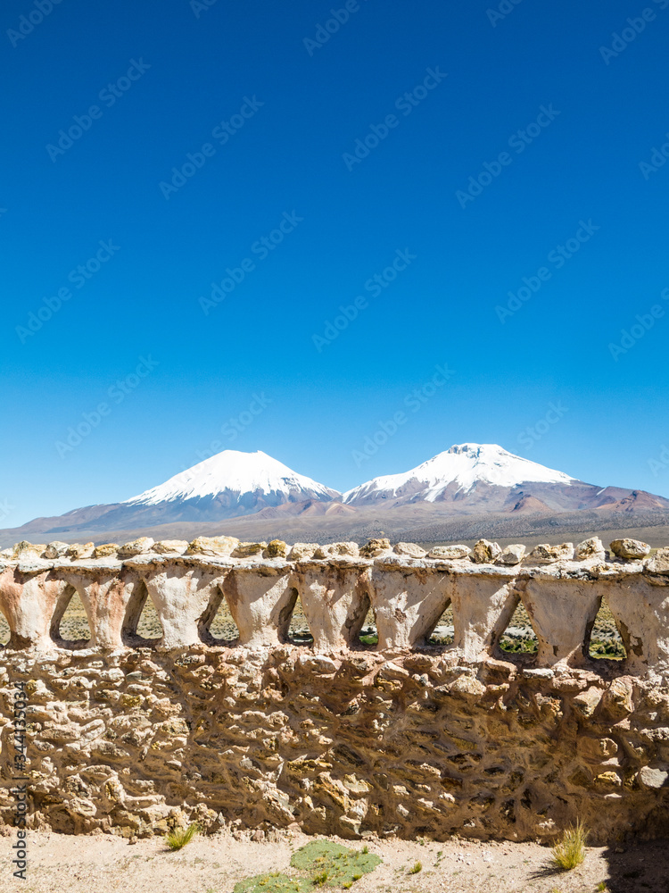 the village and volcan Sajama. The small Andean town of Sajama, Bolivian Altiplano.