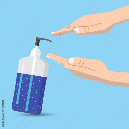 Hand sanitizer gel bottle with hands push use it. Alcohol rub sanitizers against bacteria, virus. Coronavirus pandemic. Hygiene product. Covid-19 spread prevention. Washing hands.