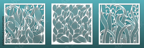 Laser cut panels with floral pattern. Set of templates for interior design, wall art decor, room divider screens. Wood or metal cutting and carving, fretwork stencils. Vector illustration