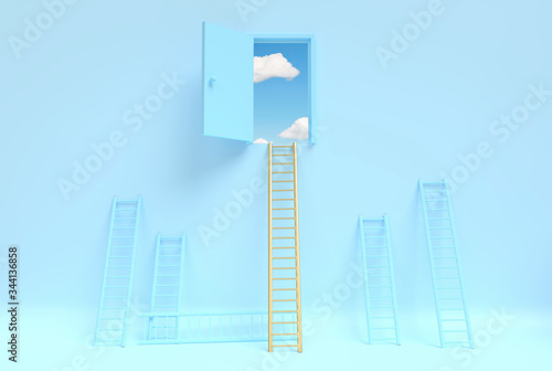 Abstract image with a golden ladder leading to the door with freedom and open air behind it. Blue solid background. 3D illustration