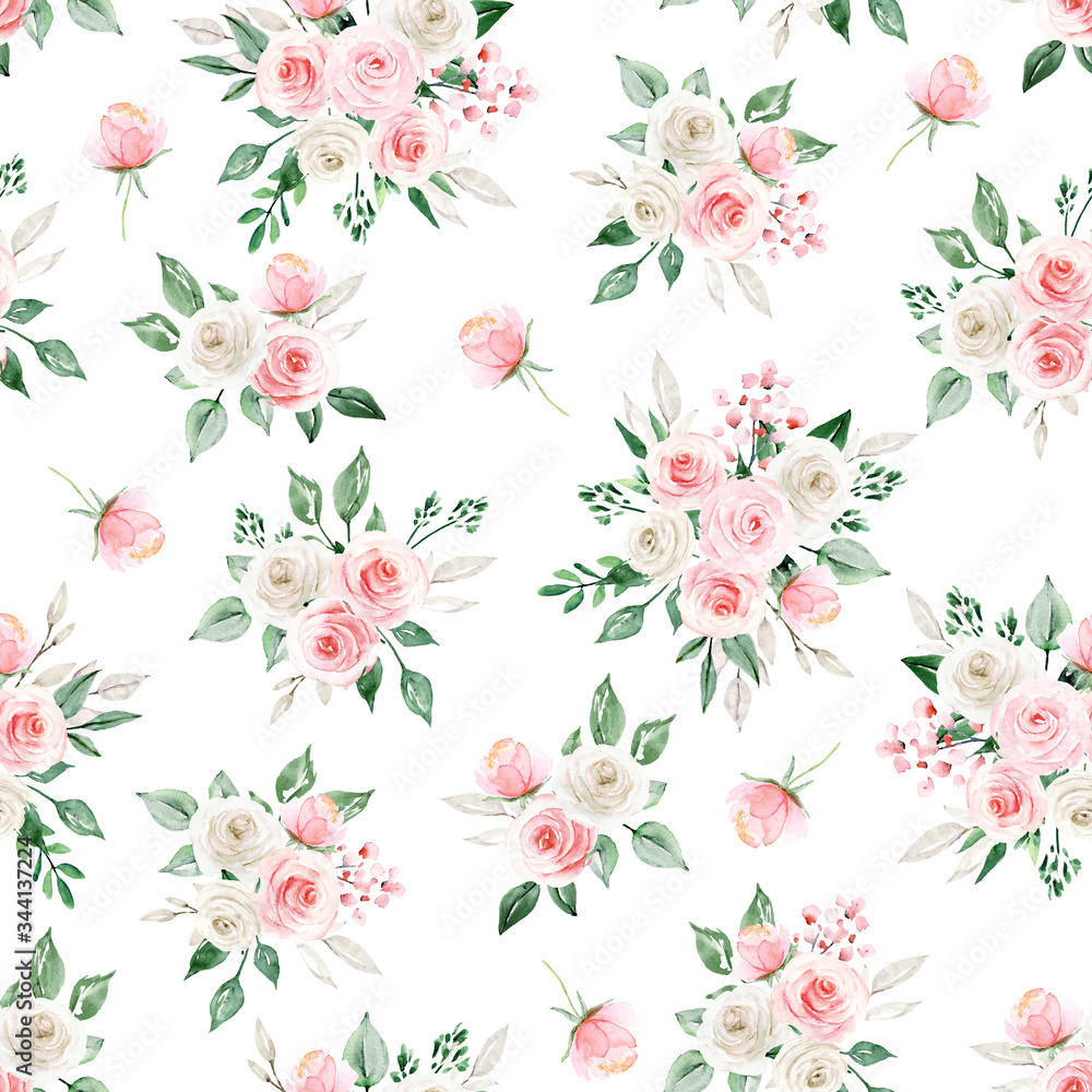 Seamless pattern with watercolor flowers pink roses, repeat floral texture, vintage background hand drawing. Perfectly for wrapping paper, wallpaper, fabric and other printing. 