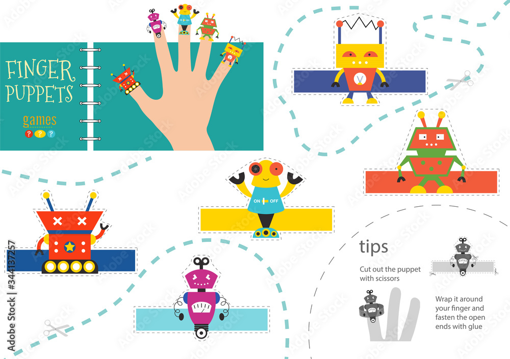 Finger puppet vector robots. Cut and glue educational worksheet for
