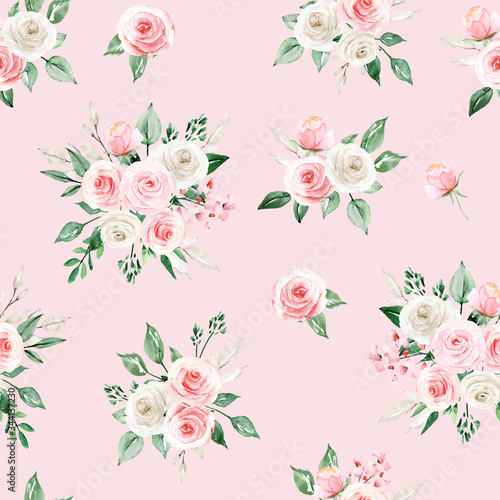 Seamless pattern with watercolor flowers pink roses, repeat floral texture, vintage background hand drawing. Perfectly for wrapping paper, wallpaper, fabric and other printing. 