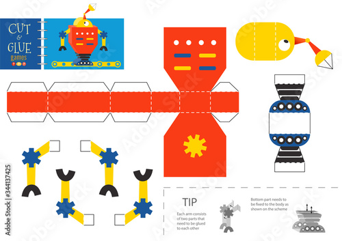 Cut and glue robot toy vector illustration, worksheet.