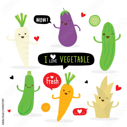Set of Vegetable Cartoon Character. carrot, radish, eggplant, cucumber, zucchini and bamboo shoot. Vector illustration