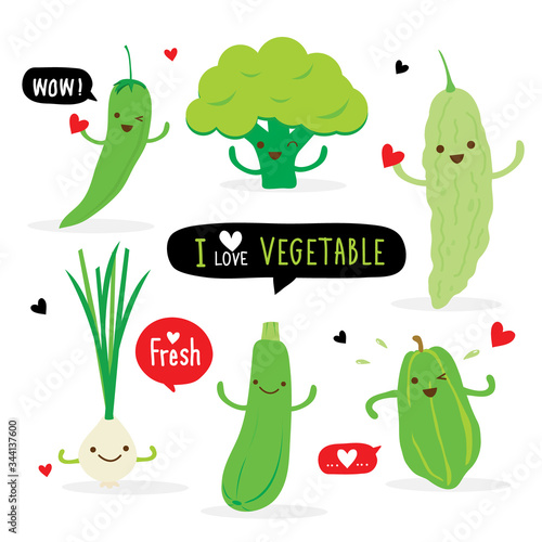 Set of Vegetable Green Color Cartoon Character. chili, broccoli, bitter gourd, spring onion, zucchini and papaya. Vector illustration
