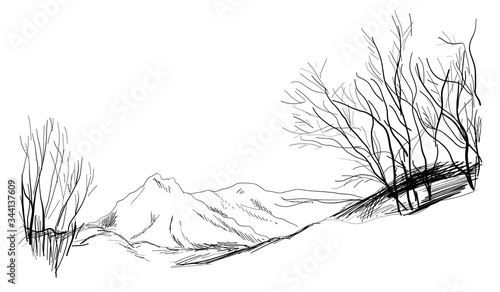house in mountain landscape hand drawn vector illustration realistic sketch