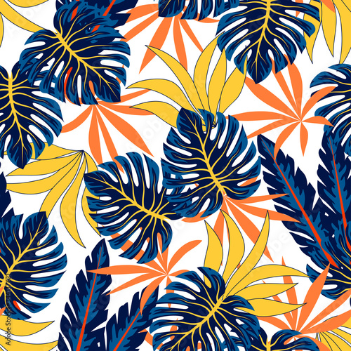 Summer seamless tropical pattern with bright plants and leaves on a white background. Hawaiian style. Seamless pattern with colorful leaves and plants. Tropical botanical.