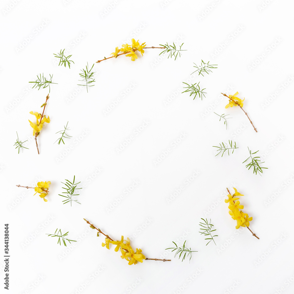 Spring wreath of small flowers, floral arrangement on white background.