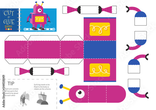 Cut and glue robot toy vector illustration. Paper craft and diy educational worksheet