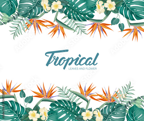 Tropical flower frame with summer holidays text. Happy holiday invitation card with floral garland and calligraphic text - Tropical. Vector illustration.