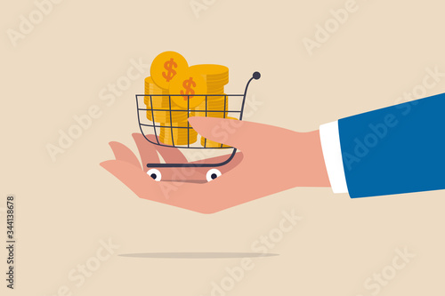Bargain business deal for buyer and seller, best price shopping, stock for investor or consumer and marketing concept, dollar gold coins in shopping cart or trolley in businessman hand.