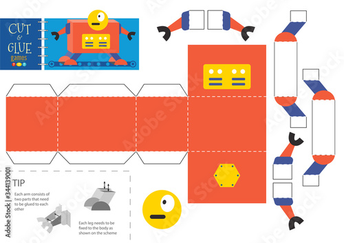 Cut and glue robot toy vector illustration, worksheet.